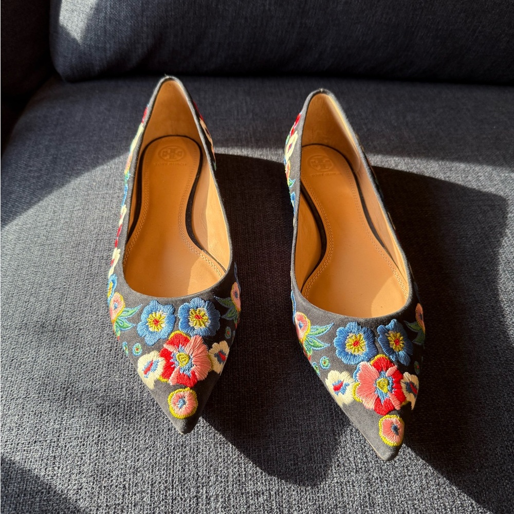 Tory Burch Red and Blue Floral Embroidered Flats